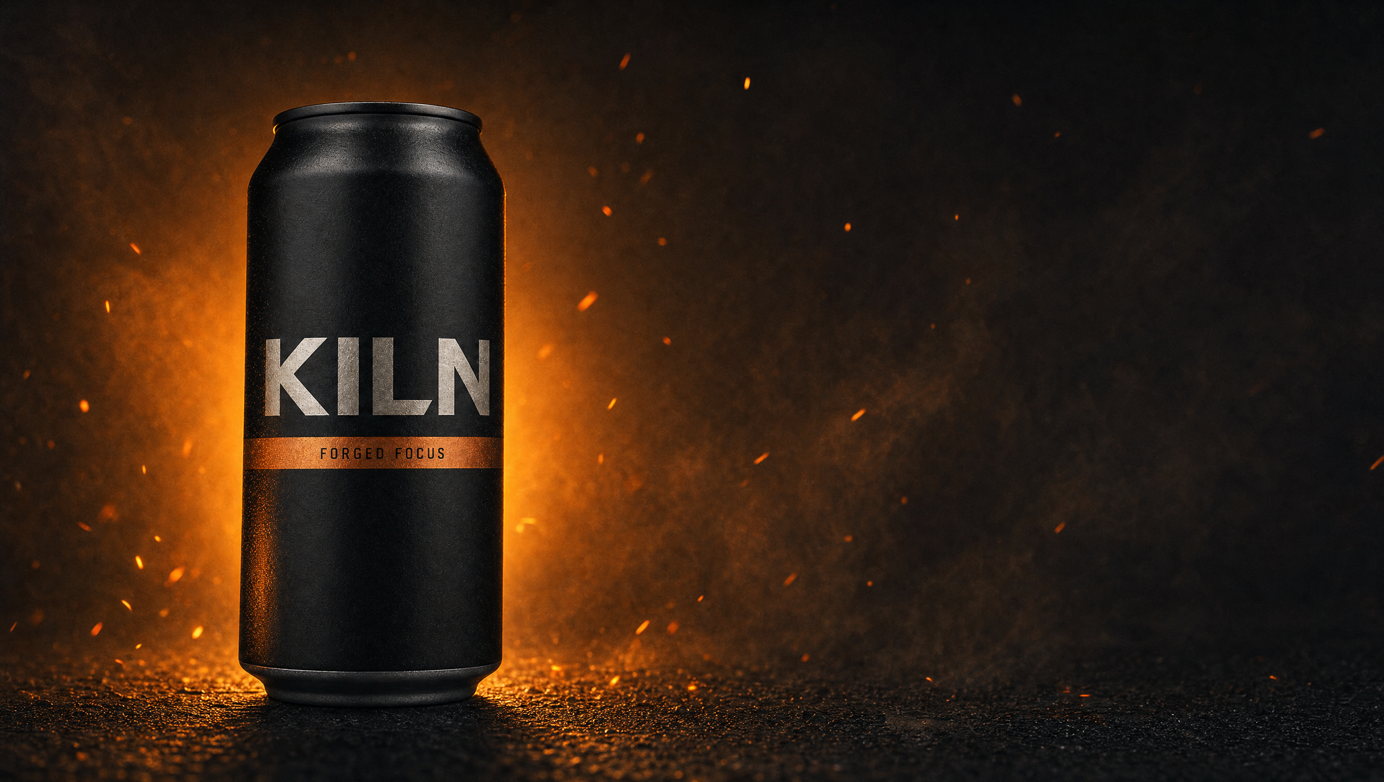 KILN hero banner — matte-black canned focus drink campaign