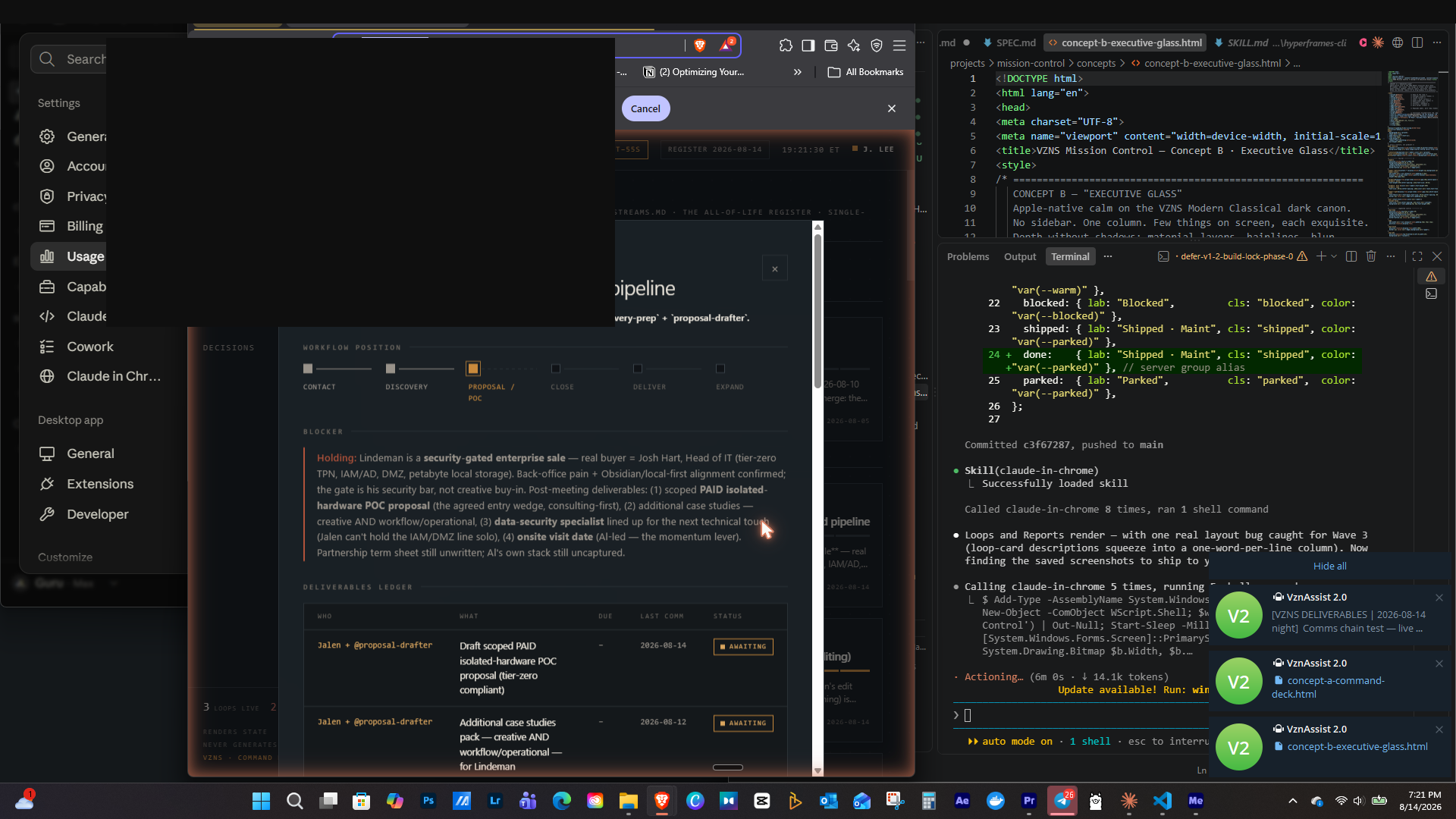 Mission Control workstream view — active project pipeline