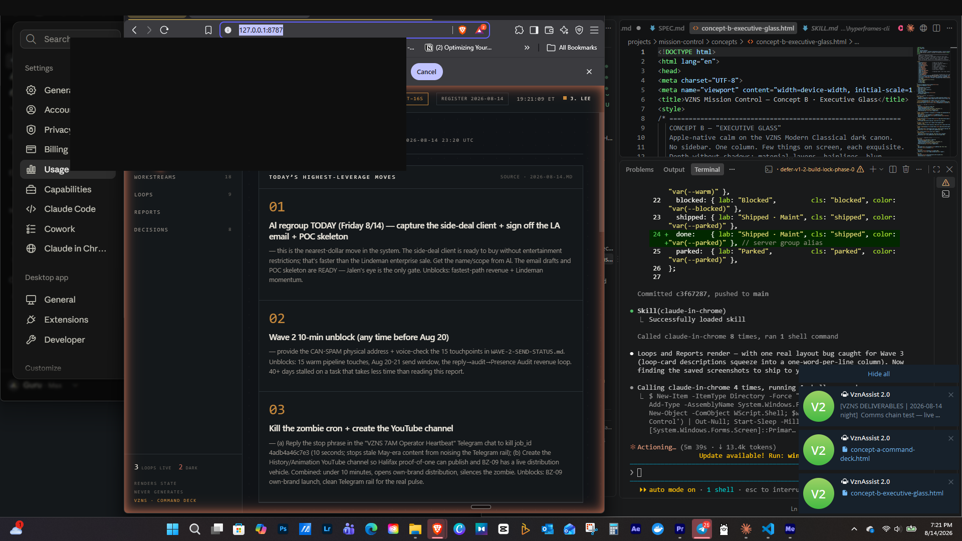 Mission Control dashboard — daily intelligence brief and workflow overview